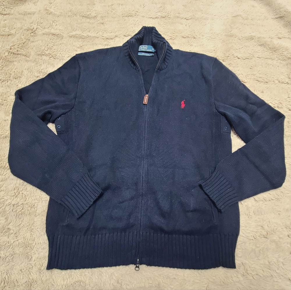 Vintage Ribbed Knit Polo Ralph Lauren Navy Zip-Up Cotton Sweater with Red Pony L